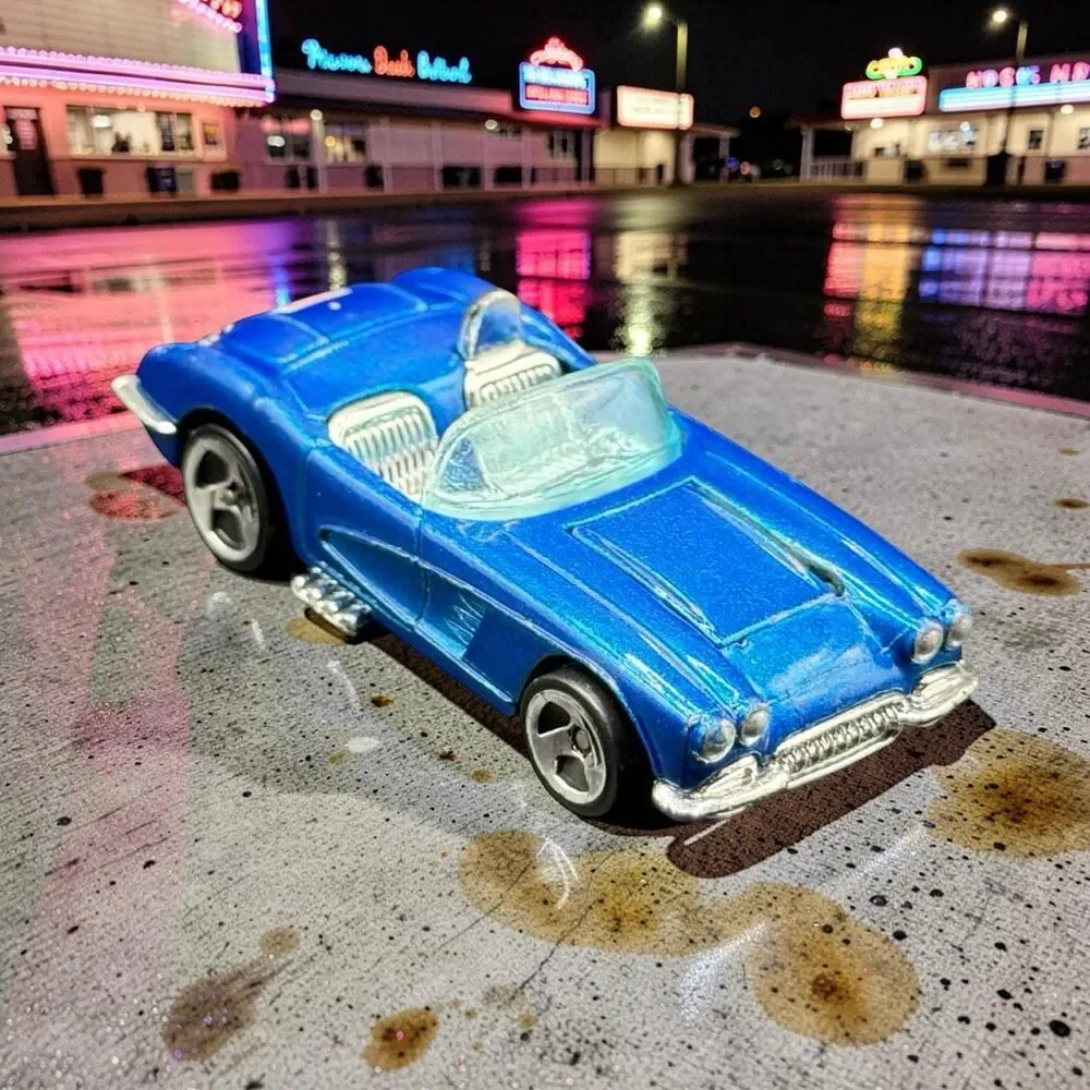 Hot Wheels 1958 Corvette Coupe, From 1996 Corvette 5-Pack Blue Hood Opens